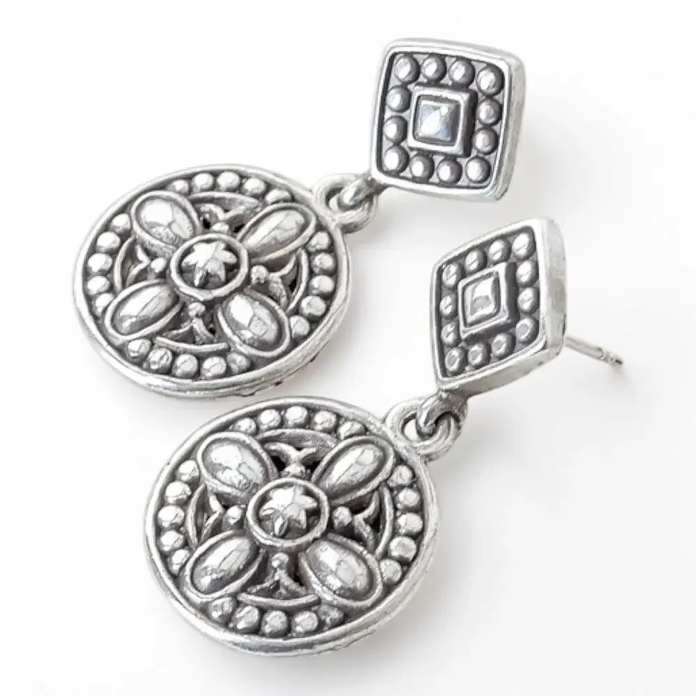 Brighton Delia Floral Round Drop Earrings Square Stud Silver Plated Retired